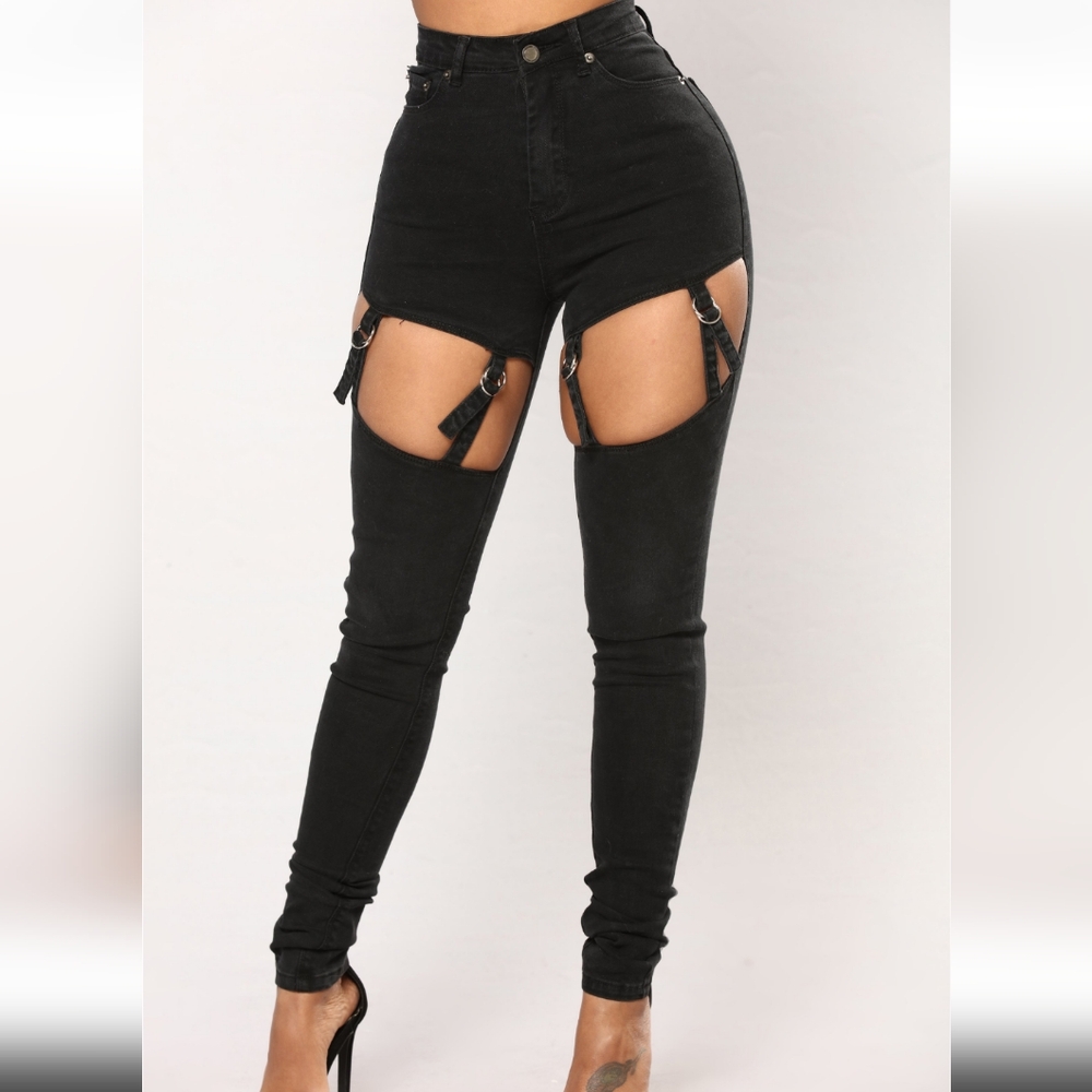 Sexy open thigh buckle pants